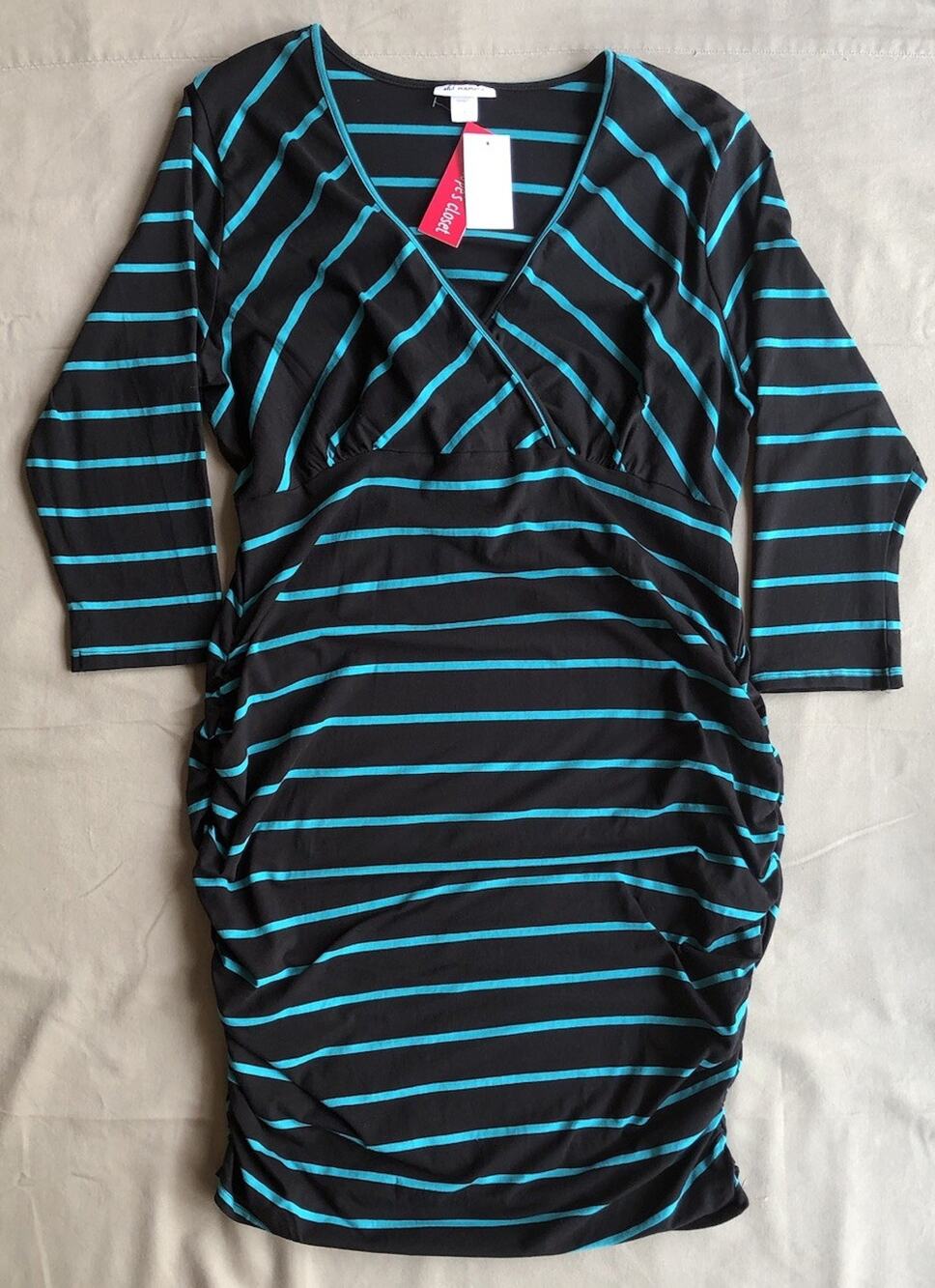 Oh! Mamma Maternity Nursing Dress Women’s 2X Black Teal Striped NWT